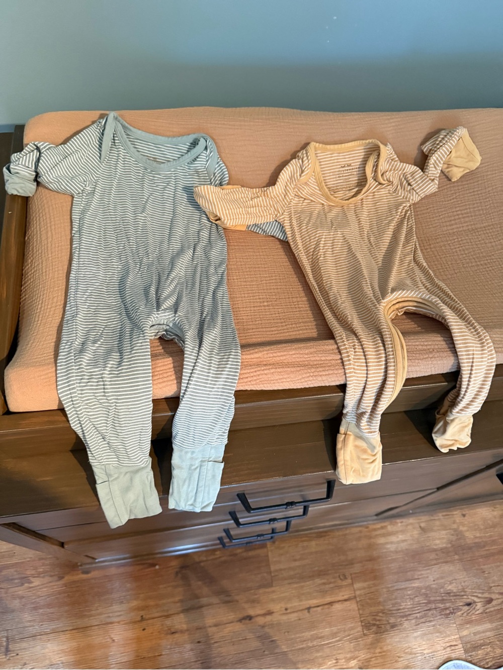 Little Sleepies Striped Footed One-Piece Duo in Light Blue and Beige